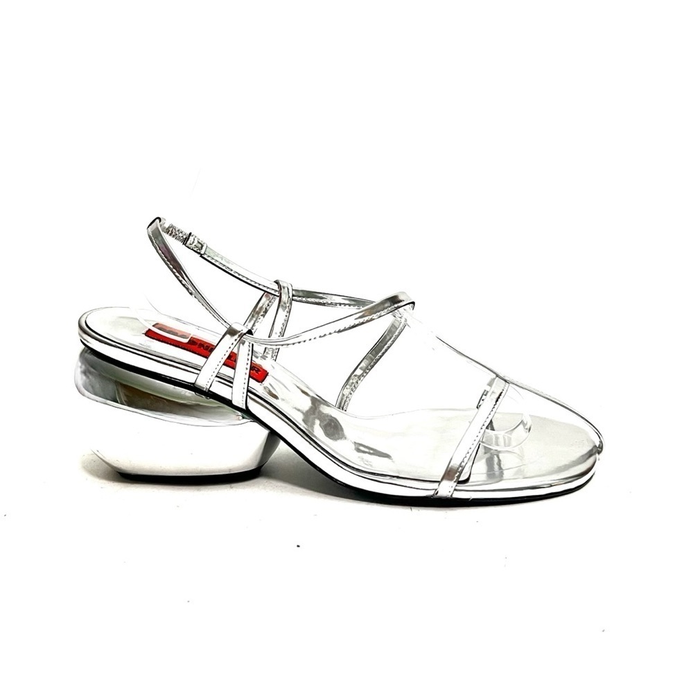 SIMON MILLER | Silver leather strappy chrome heel Moderno Sandal Pumps NWOT